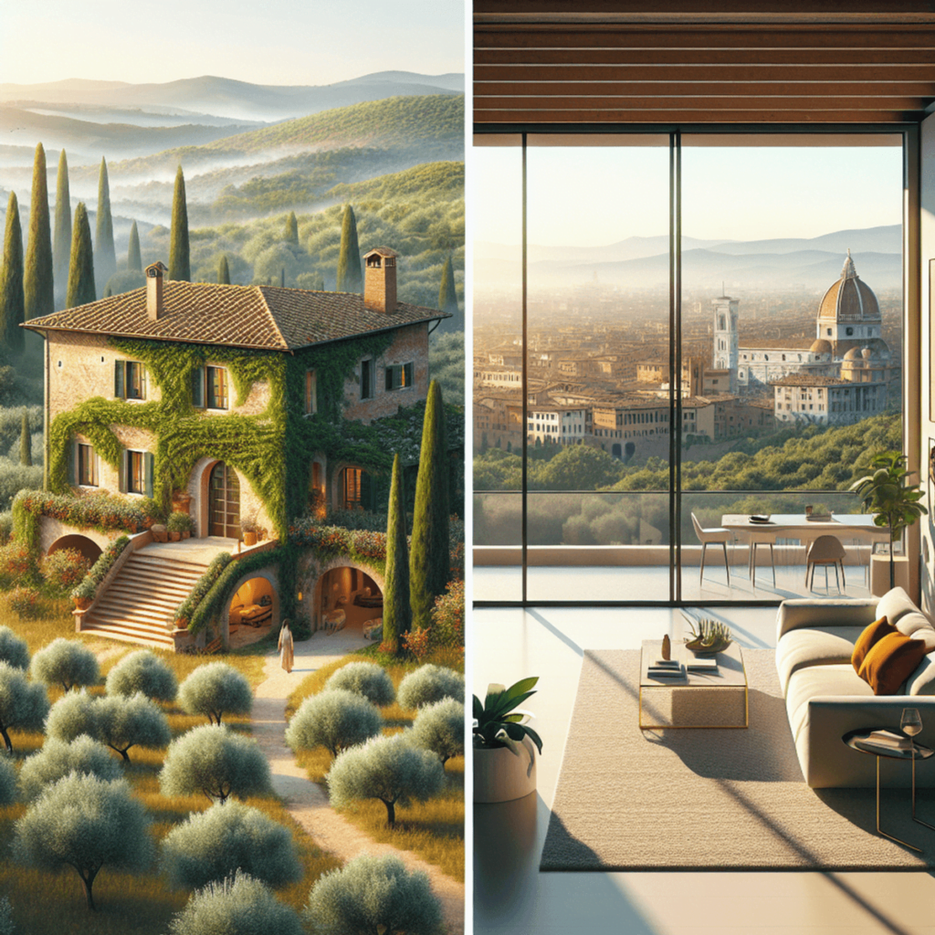 Left image alt text: A charming rustic villa nestled in the verdant Tuscan countryside with vine-clad walls, terracotta roof tiles, and surrounding ol